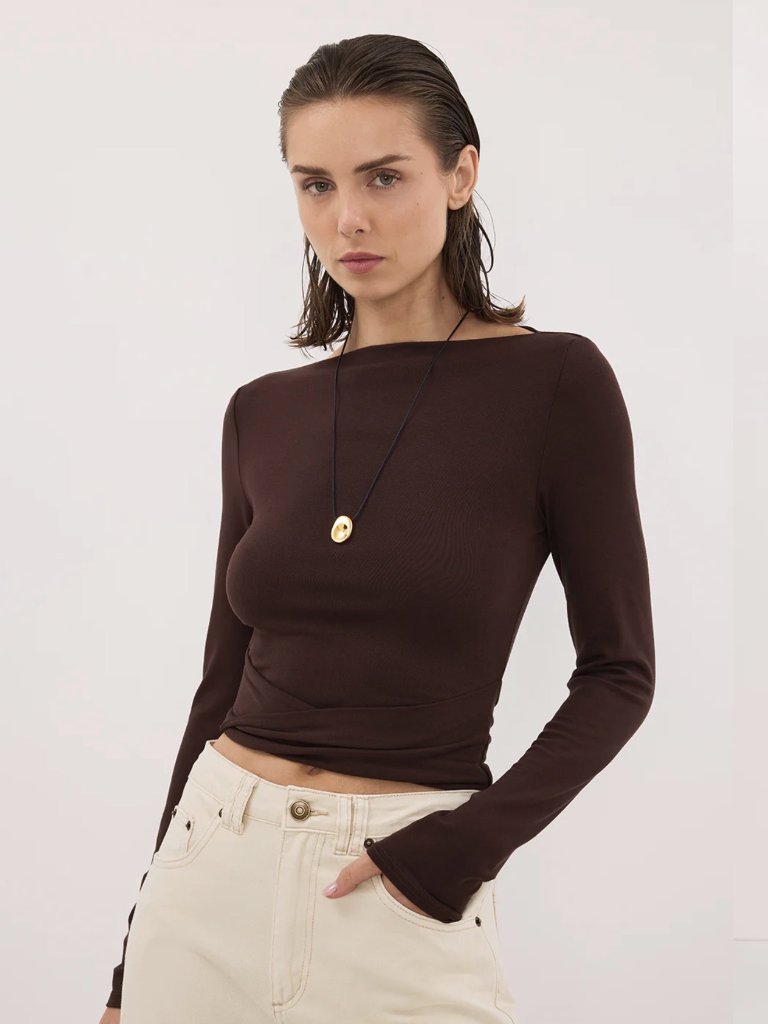 Dissh Hadley Chocolate Long Sleeve Twist Top L